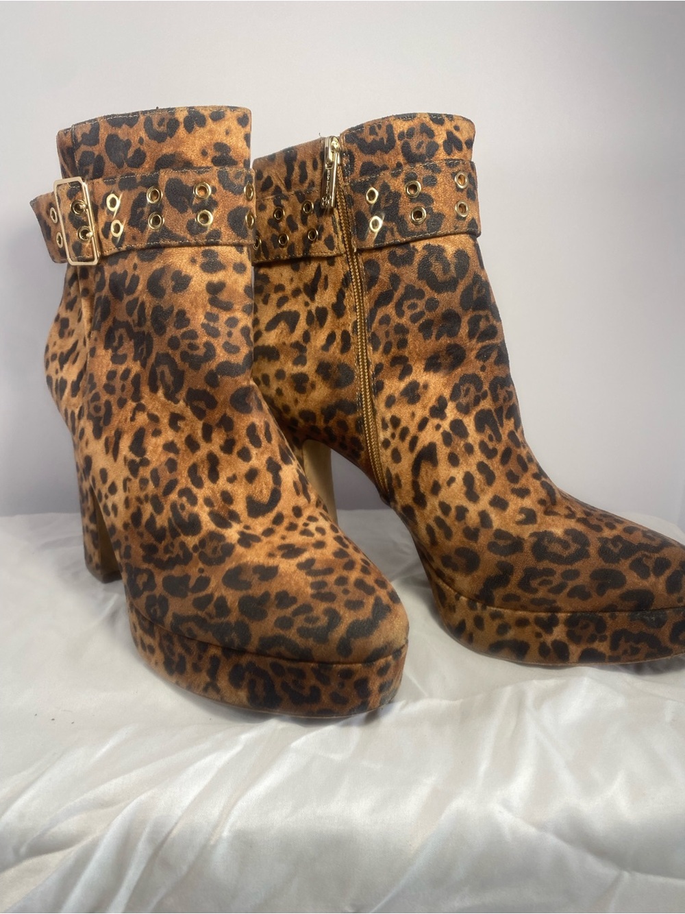 Jessica Simpson Leopard-Print Platform Ankle Boots with Gold Buckle Detail
